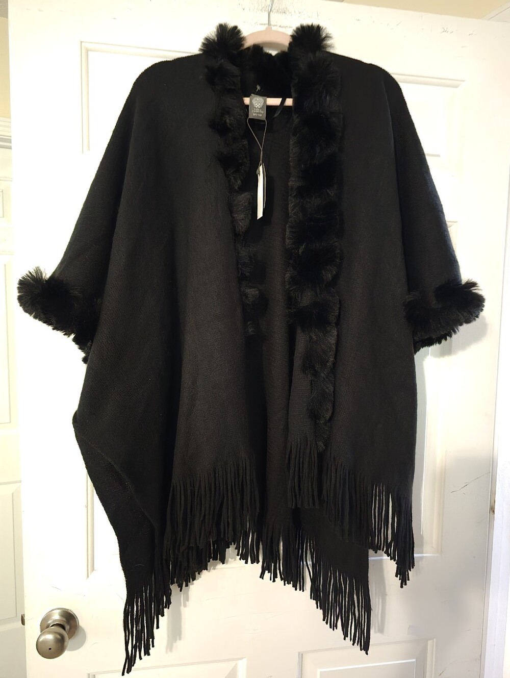 Vince Camutto Black Fringe Poncho with Faux Fur Trim